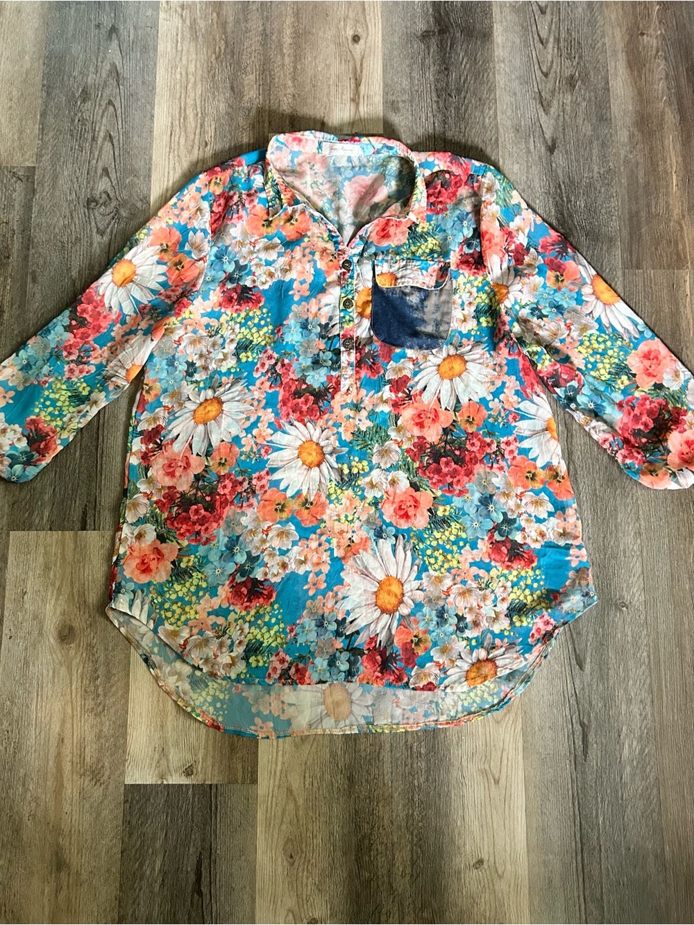 Simply Couture Pink and Blue Floral Blouse with Denim-Style Trim